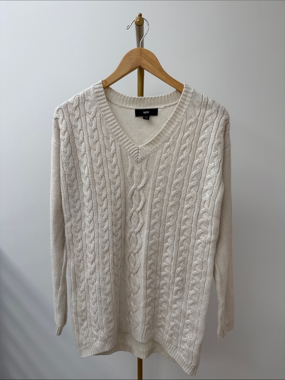 Oversized Cable Knit V Neck Sweater Off White Cream XS